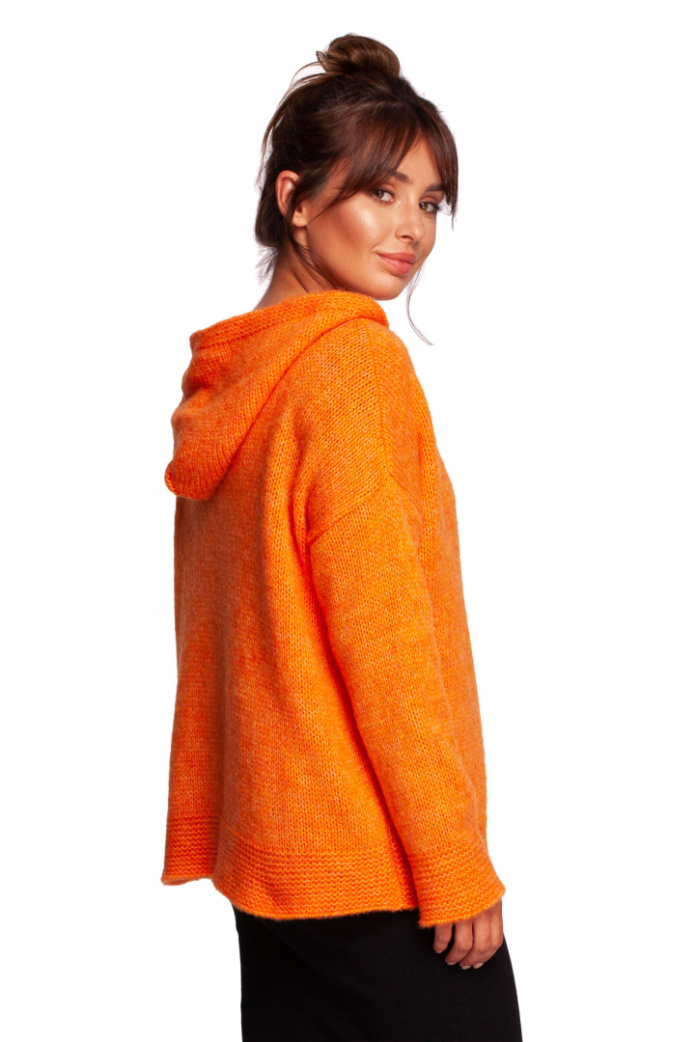 Sweter damski z kapturem długość do bioder pomarańczowy